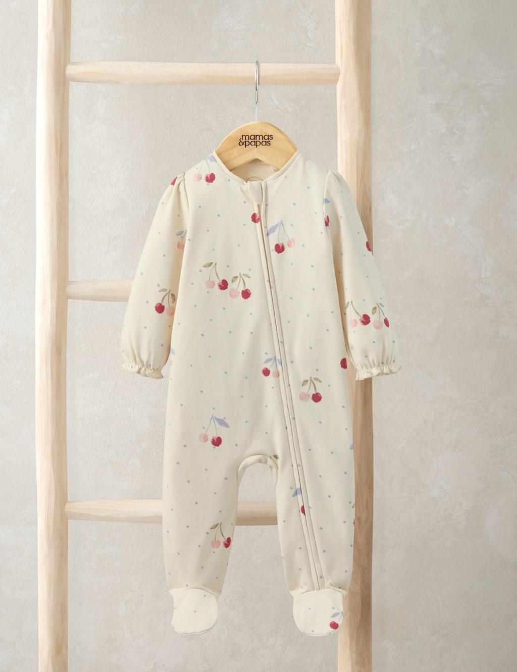 Mamas & Papas Girls Pure Cotton Cherry Print Sleepsuit (7lbs-12 Mths) - 9-12 Months - Cream - Available at M&S