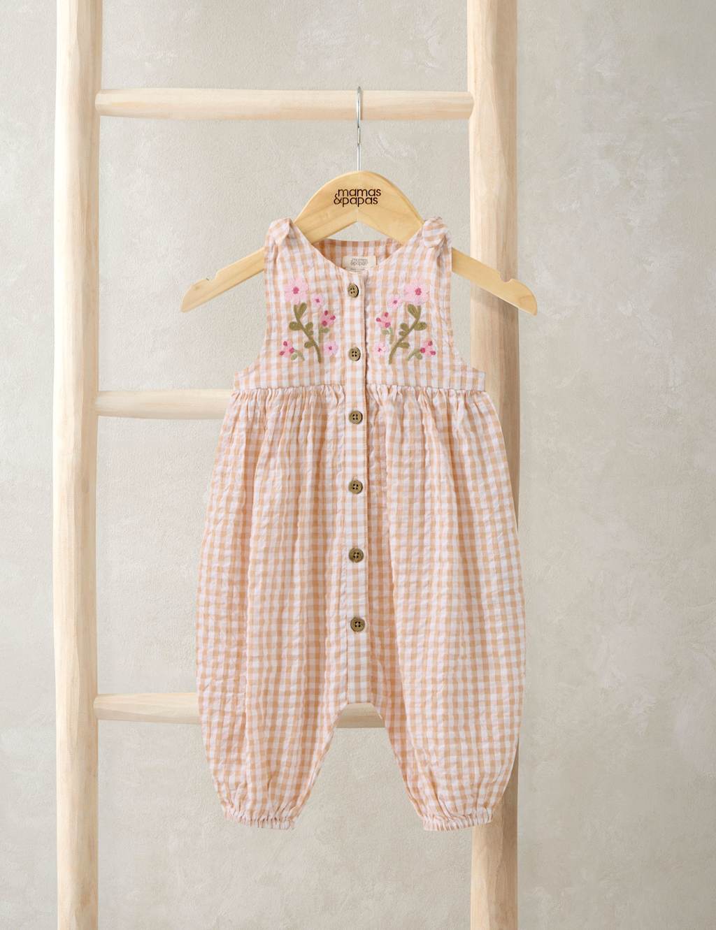Mamas & Papas Girls Floral Embroidery Gingham Dungarees (0-18 Mths) - 9-12 Months - Pink - Available at M&S
