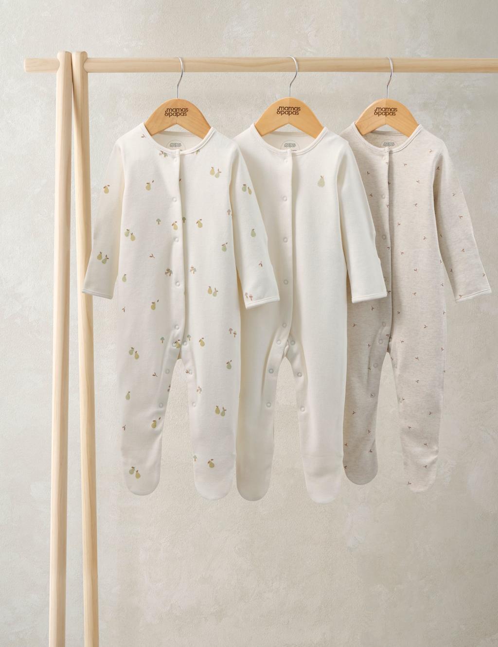 Mamas & Papas Kids 3 Pack Pure Cotton Pear Print Sleepsuit (7lbs-24 Mths) - Newborn - Cream - Available at M&S