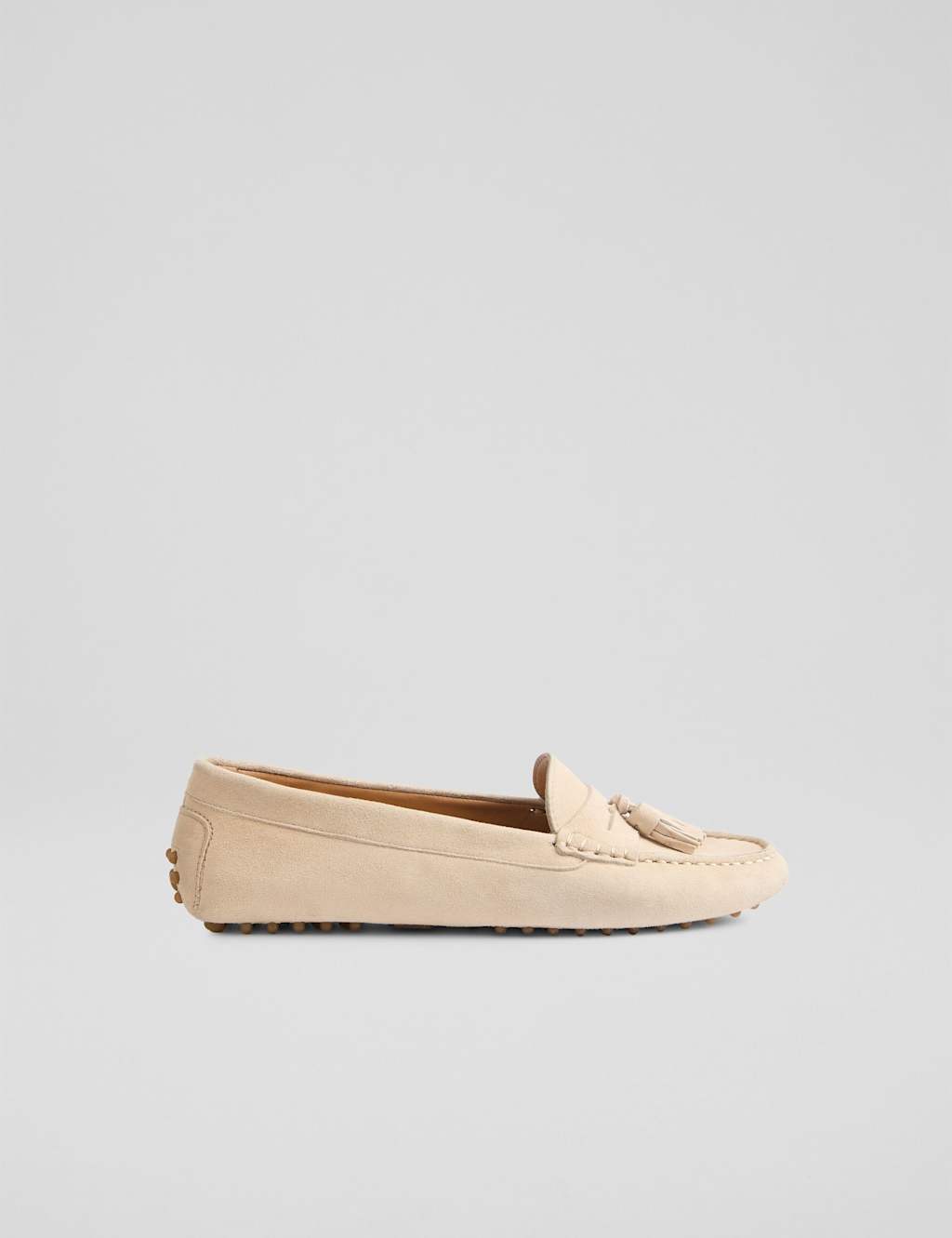 LK BENNETT Suede Tassel Flat Moccasin Loafers Cream Mix