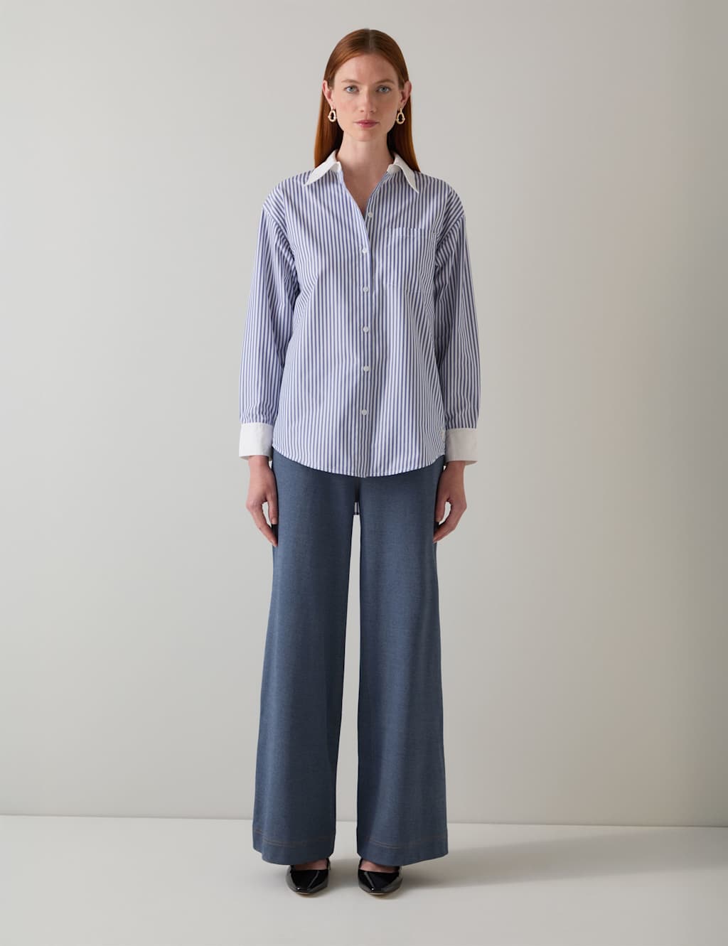 Lk Bennett Women's Contrast Cuff & Collar Striped Shirt - 12 - Blue Mix, Blue Mix