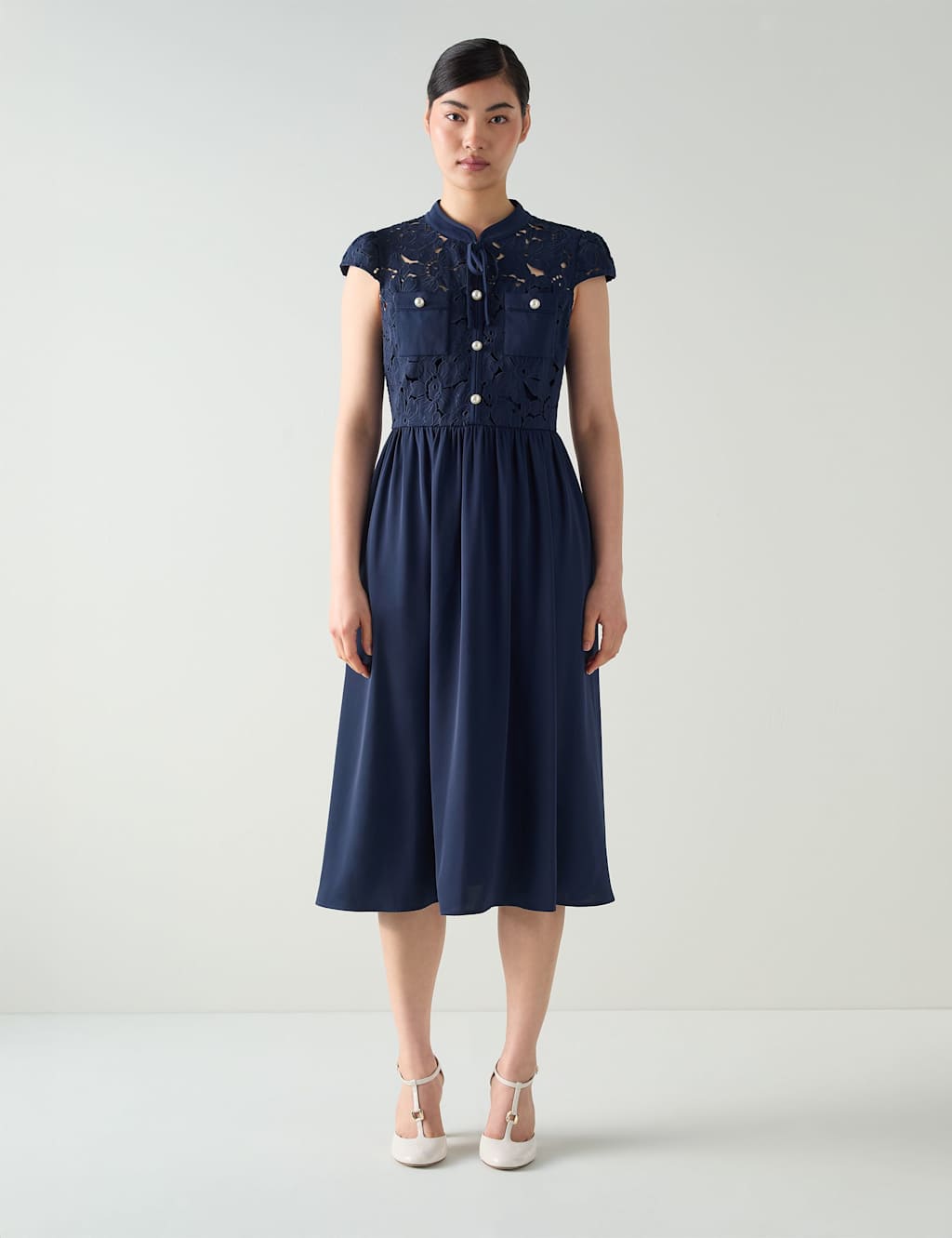 LK BENNETT Tie Neck Cutwork Detail Midi Skater Dress Blue