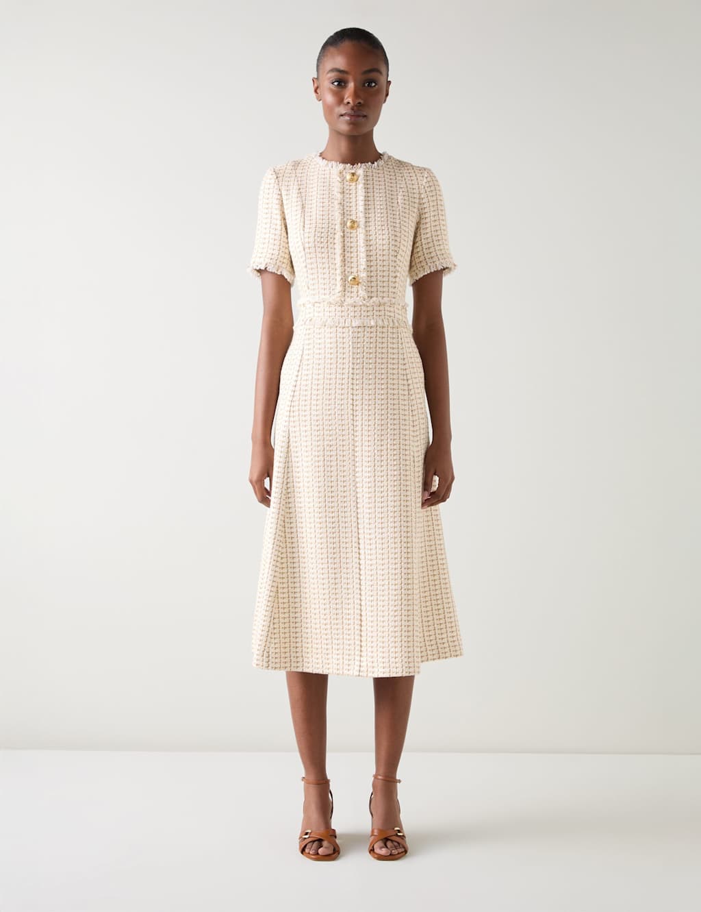 LK BENNETT Tweed Checked Midi Skater Dress With Cotton Multi