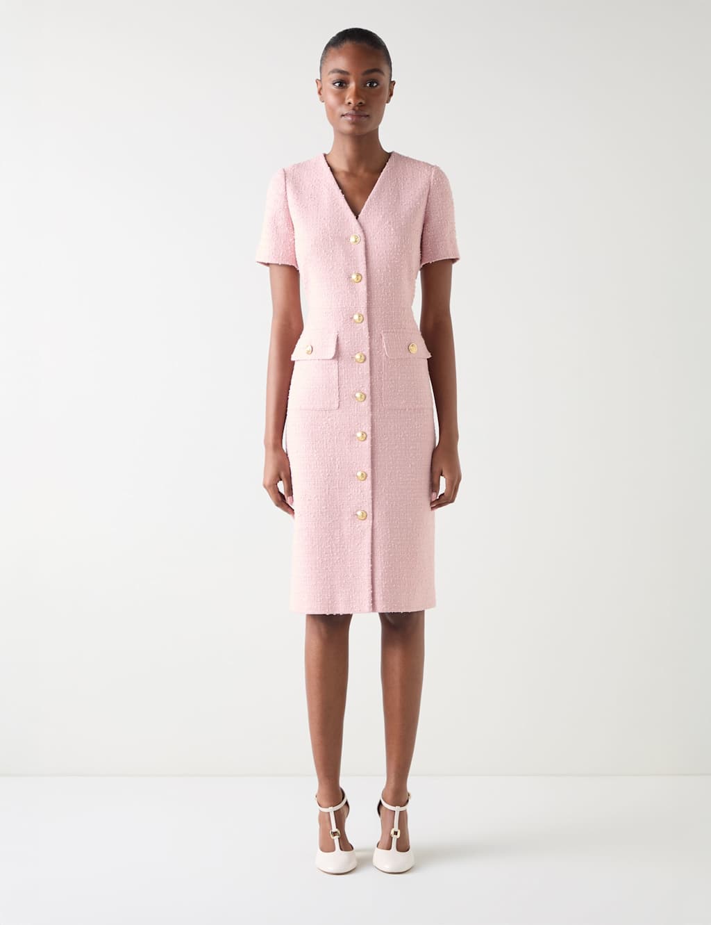 Lk Bennett Women's Cotton Rich Tweed Button Detail Midi Dress - 20 - Pink Mix, Pink Mix