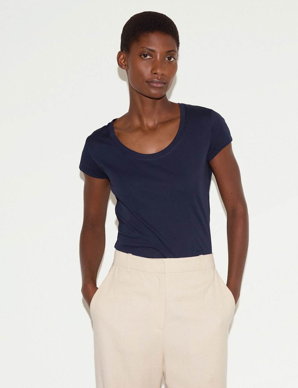 Jigsaw Women's Pure Cotton Scoop Neck T-Shirt - Small - Navy - Available at M&S