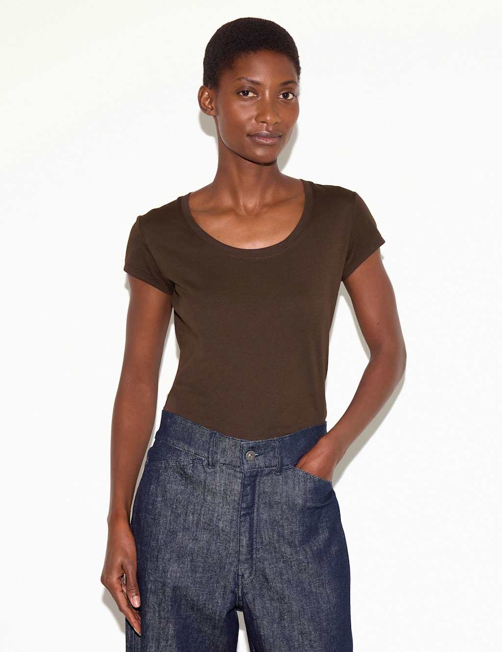 Jigsaw Women's Pure Cotton Scoop Neck T-Shirt - Small - Dark Brown - Available at M&S