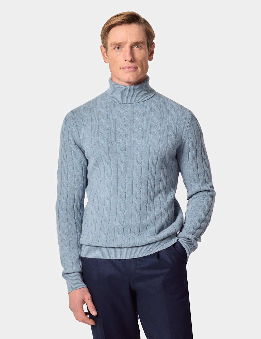 Hawes & Curtis Pure Lambswool Cable Roll Neck Jumper Blue