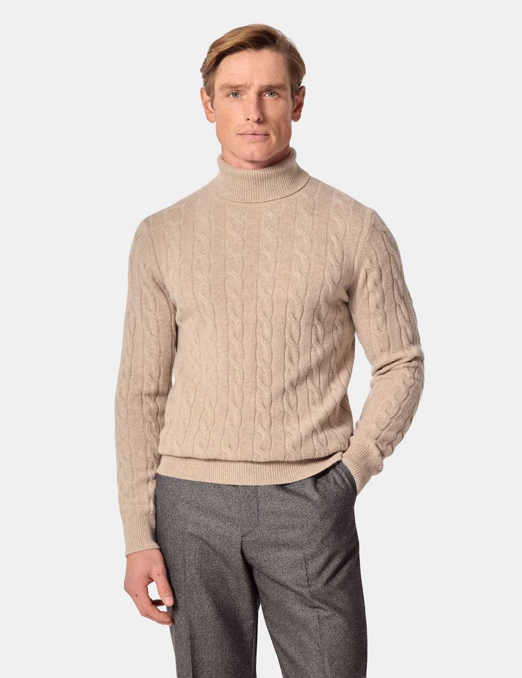 Hawes & Curtis Pure Lambswool Cable Roll Neck Jumper Cream