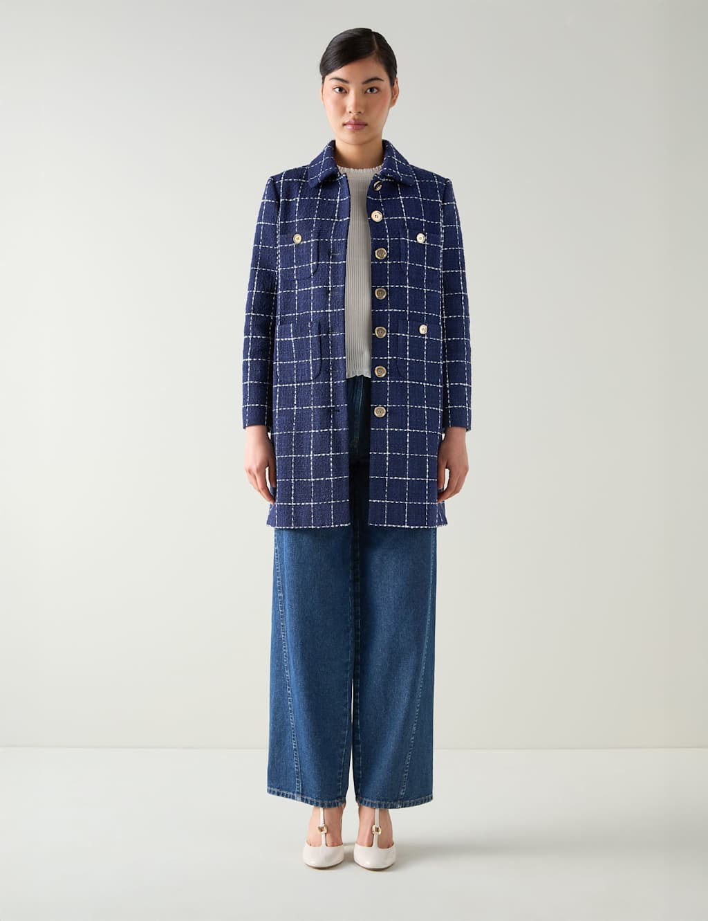 Lk Bennett Women's Tweed Check Longline Coat - 8 - Navy Mix, Navy Mix