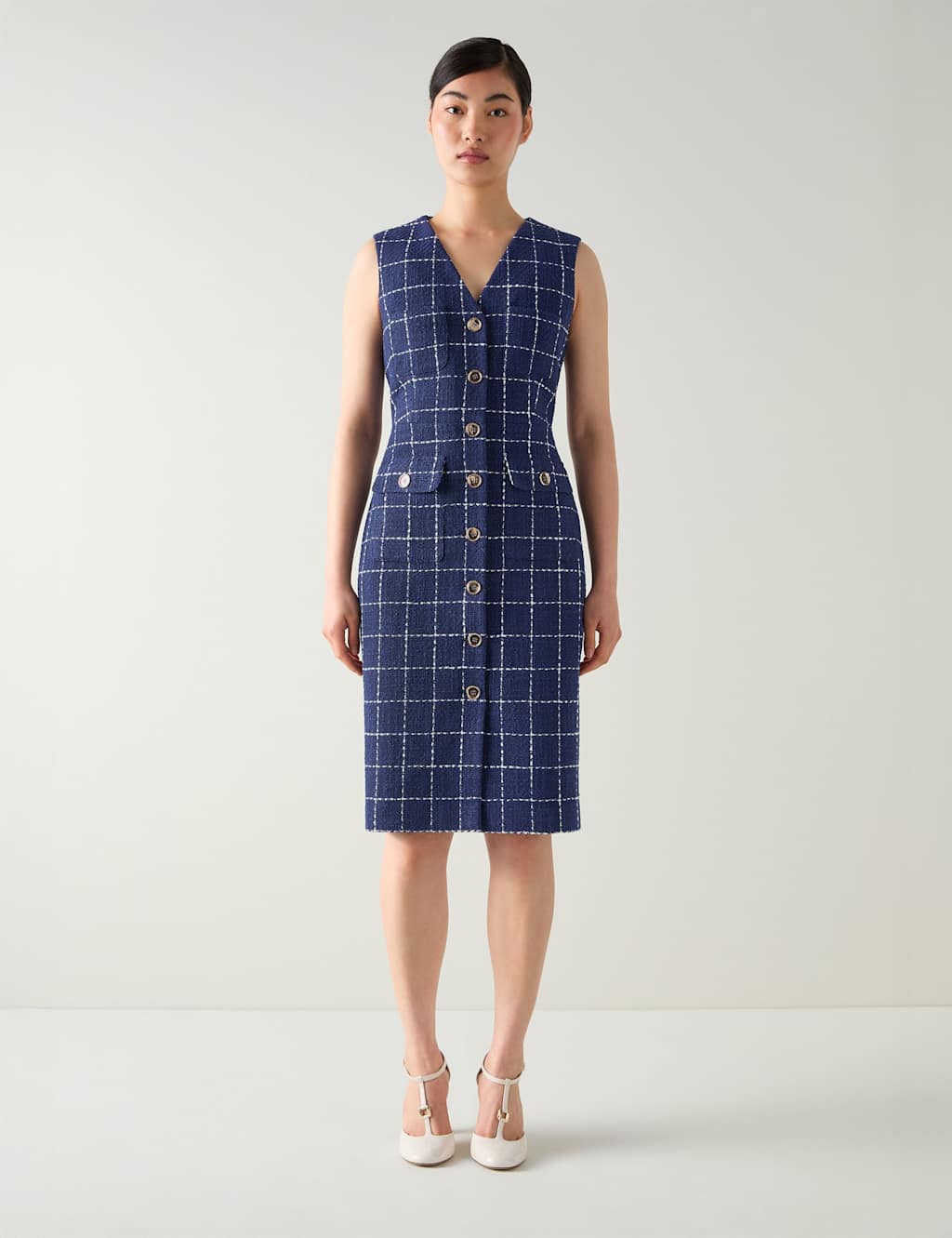 Lk Bennett Women's Tweed Check Midi Shift Dress - 10 - Navy Mix, Navy Mix