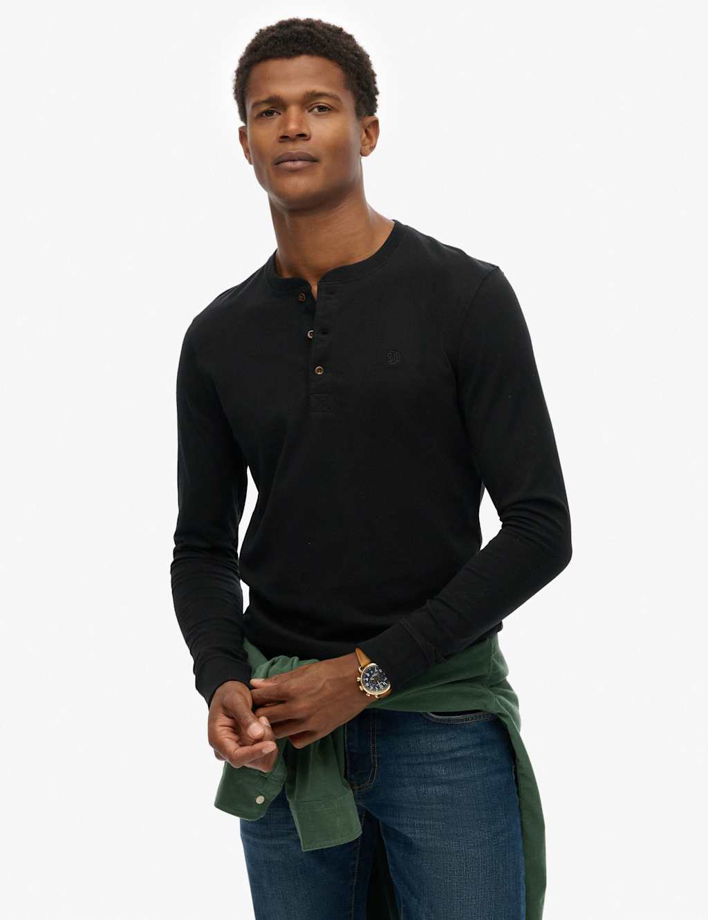 Superdry & Co Men's Relaxed Fit Pure Cotton Grandad Collar Top - M - Dark Grey, Dark Grey