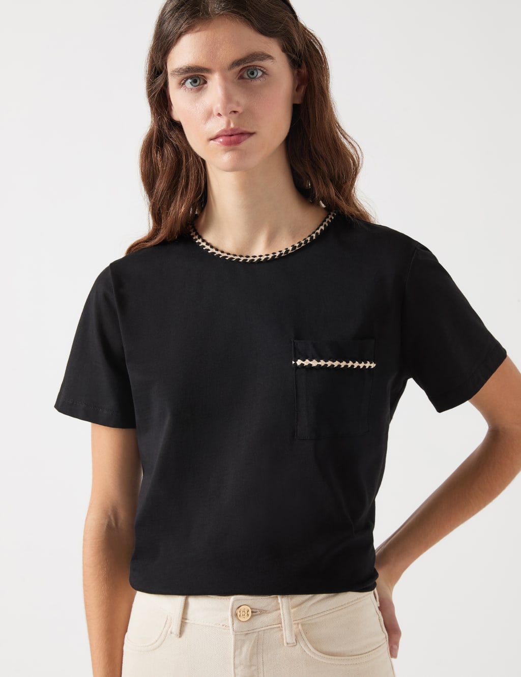 Pure Cotton Plaited Trim Crop T-Shirt