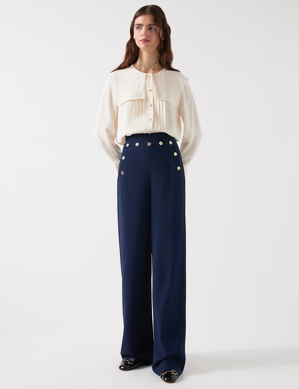 Crepe Button Detail Straight Leg Trousers