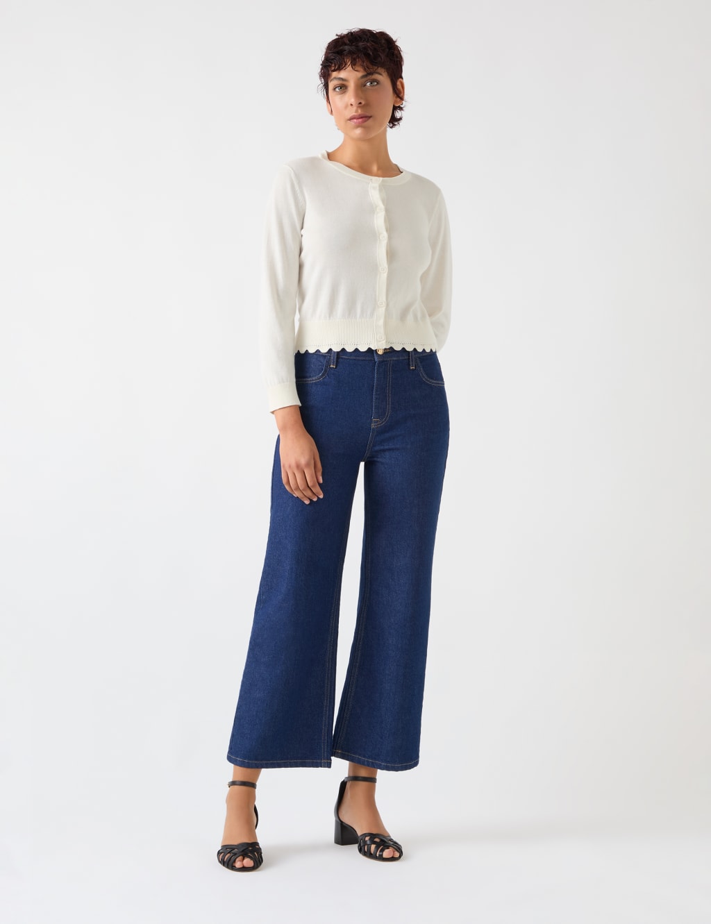 Pure Cotton Crew Neck Cropped Cardigan