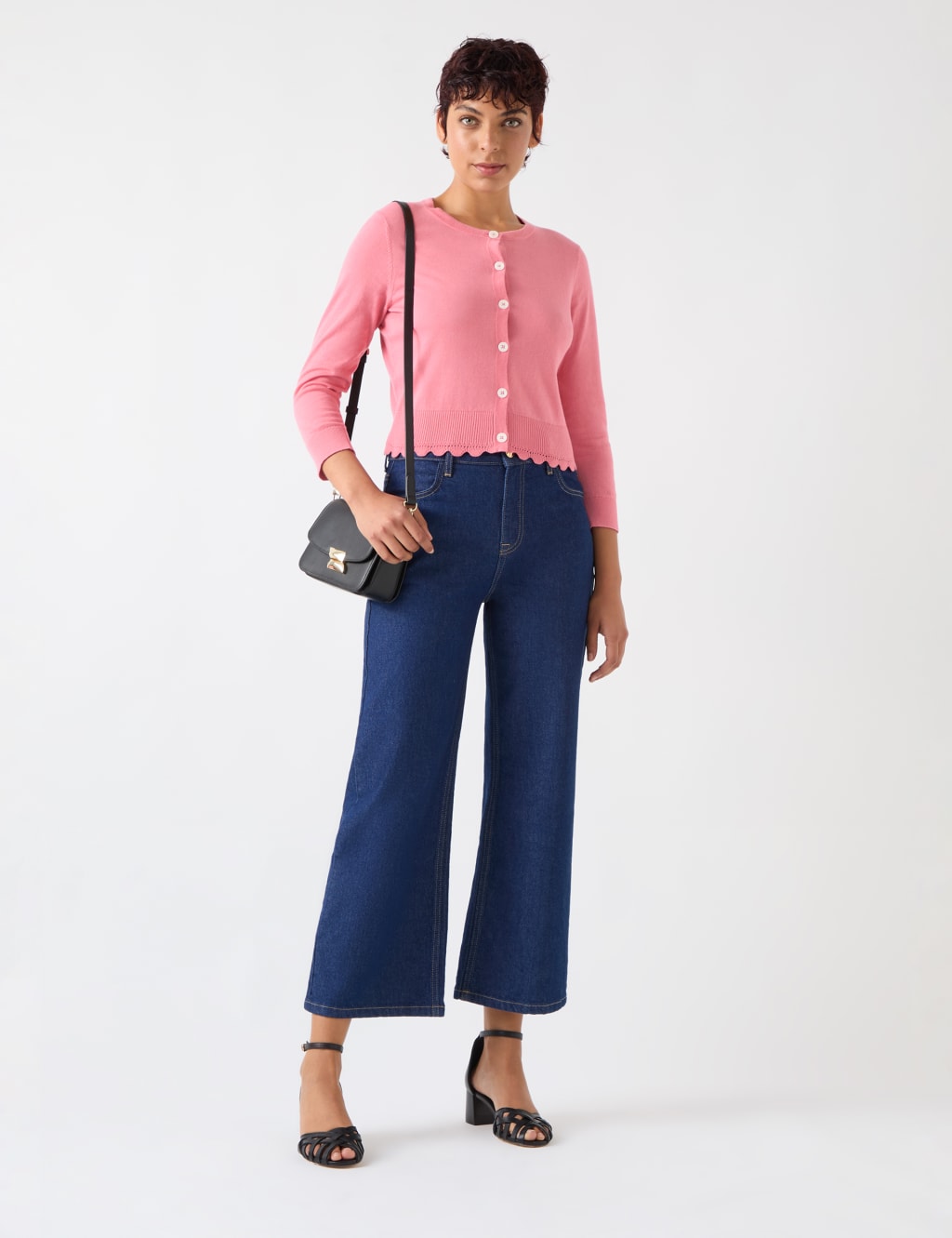 Pure Cotton Crew Neck Cropped Cardigan