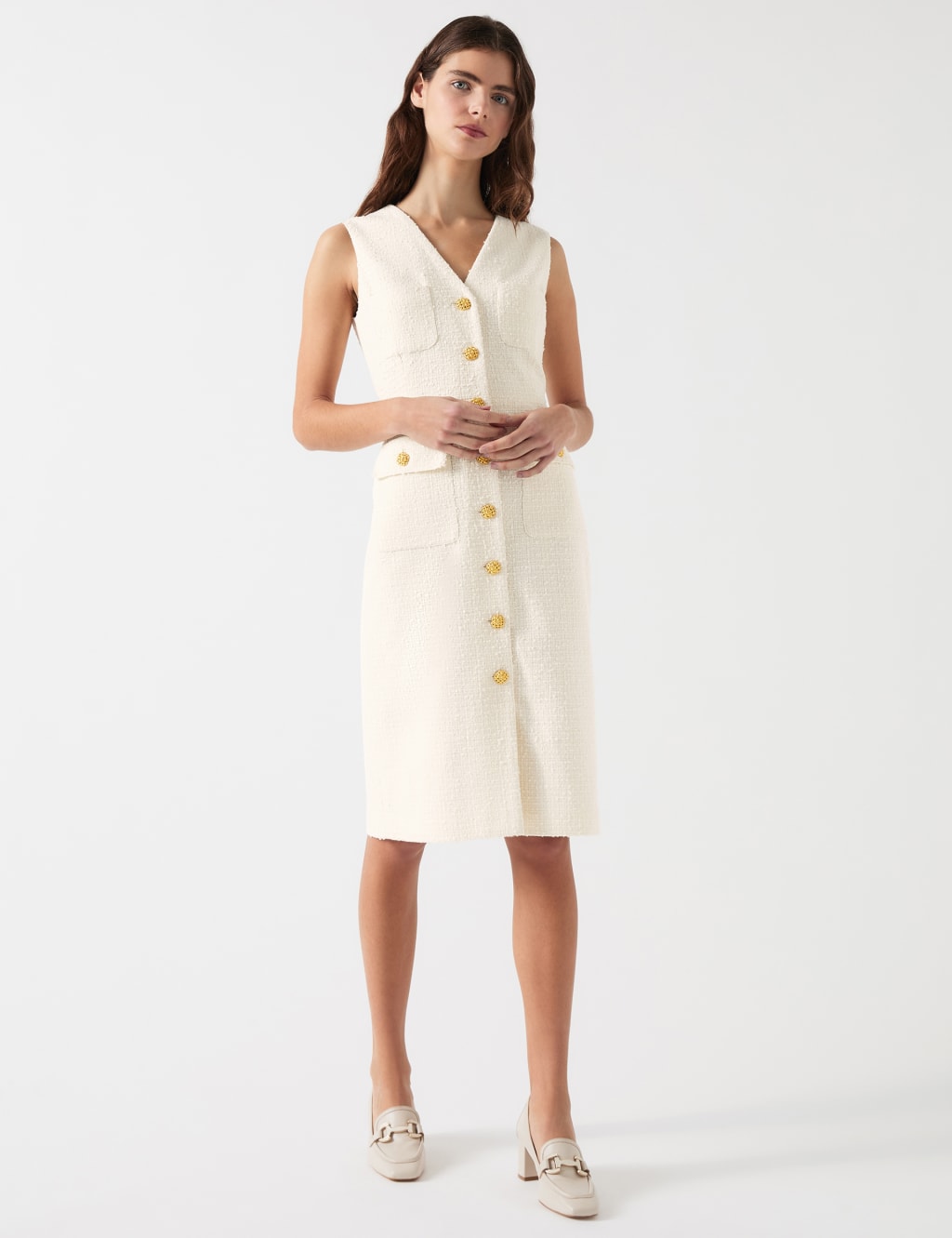 Tweed V-Neck Button Detail Tailored Dress