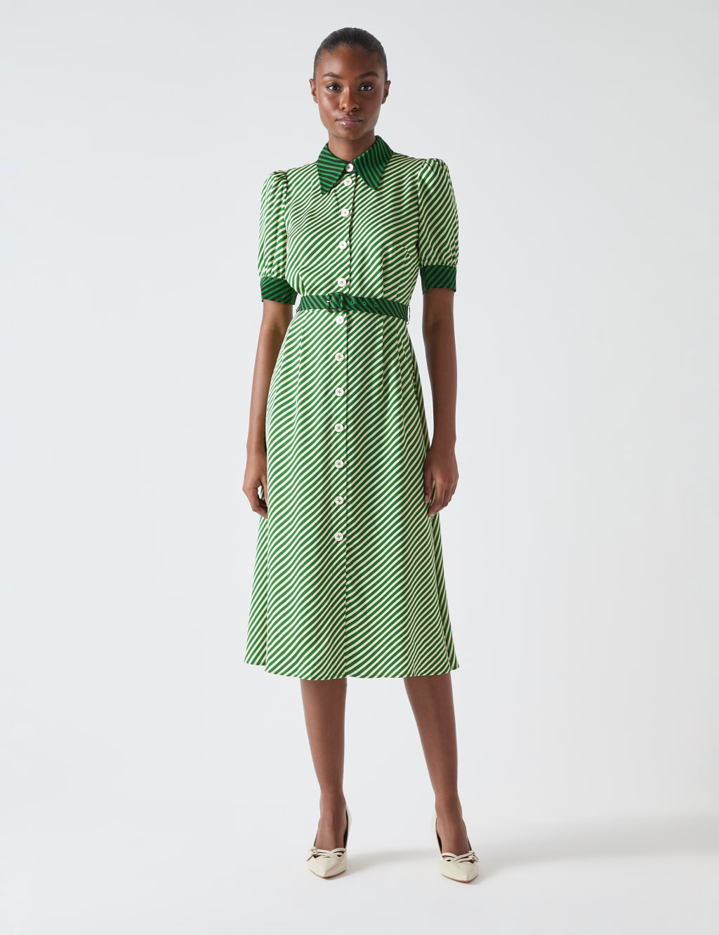 Striped Collared Belted Midi Shirt Dress