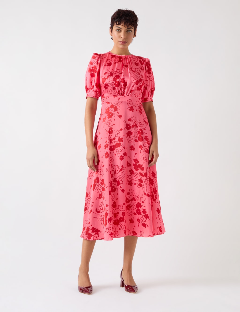 Satin Textured Floral Midi Tea Dress