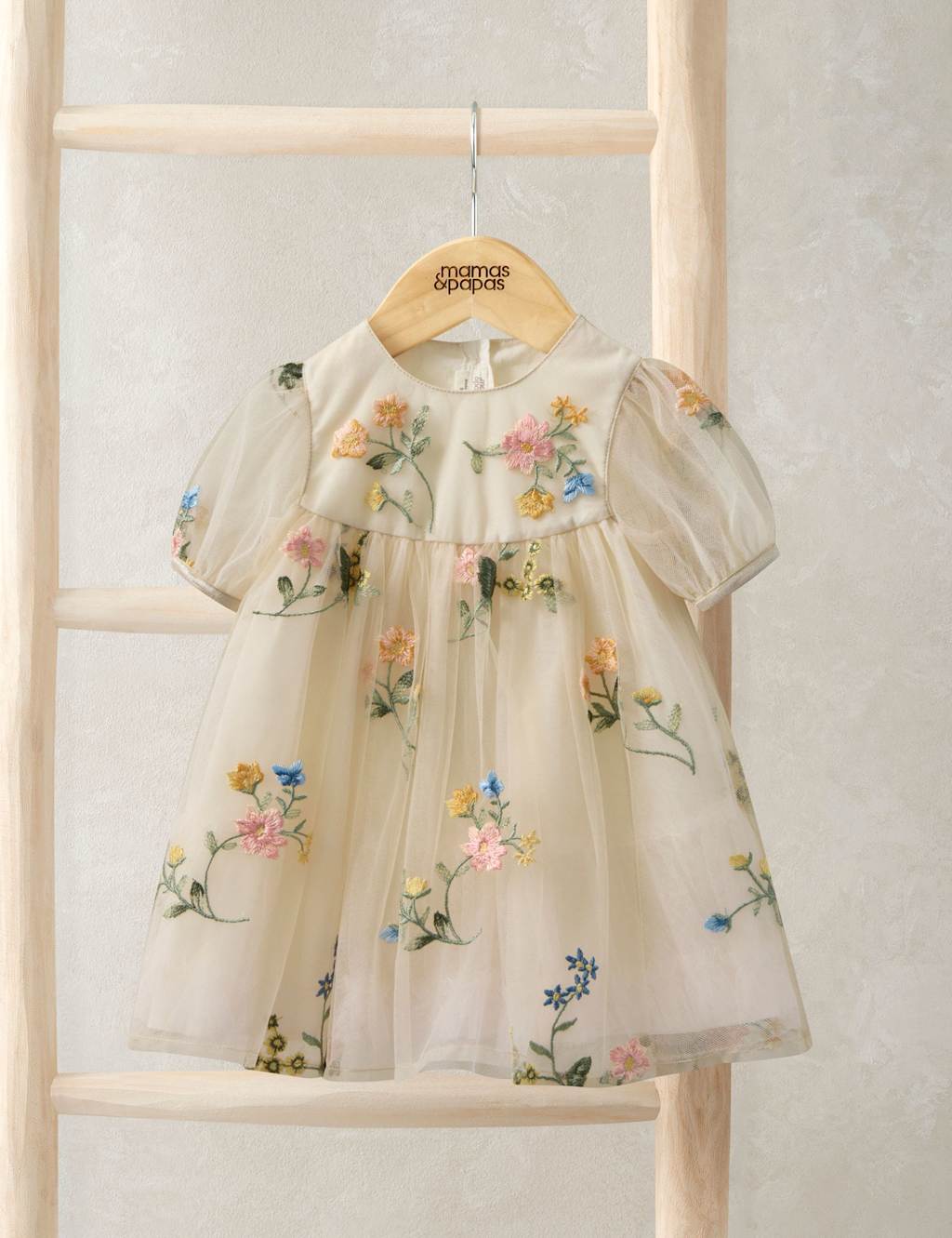 Mamas & Papas Girls Floral Mesh Dress (0-36 Mths) - 9-12 Months - Cream - Available at M&S