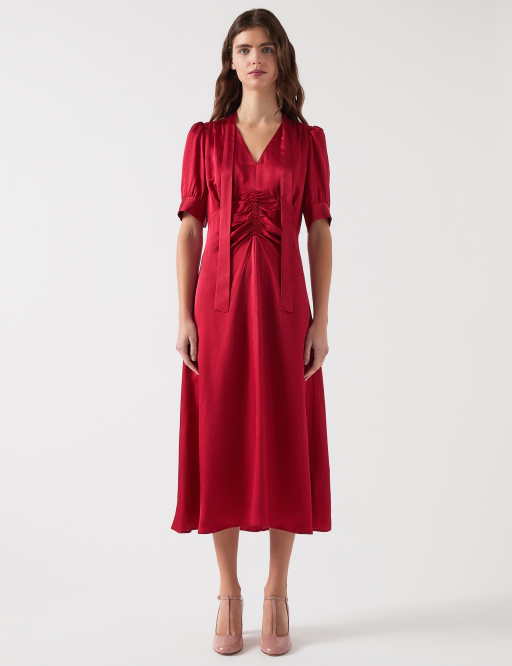 Satin V-Neck Tie Neck Midi Skater Dress