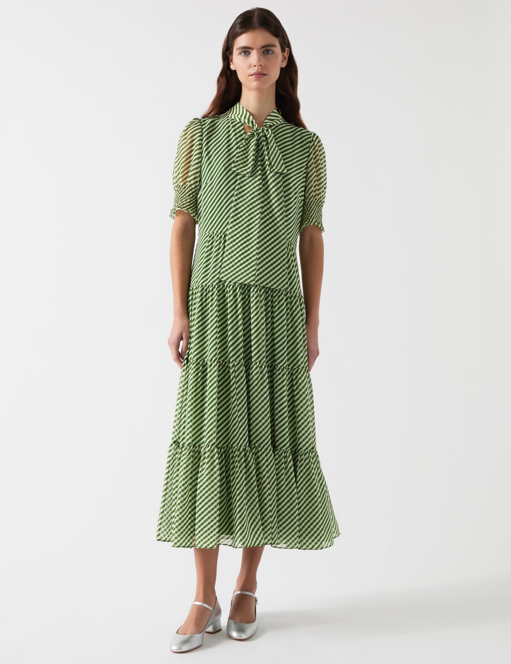 Striped V-Neck Tie Neck Midi Tiered Dress
