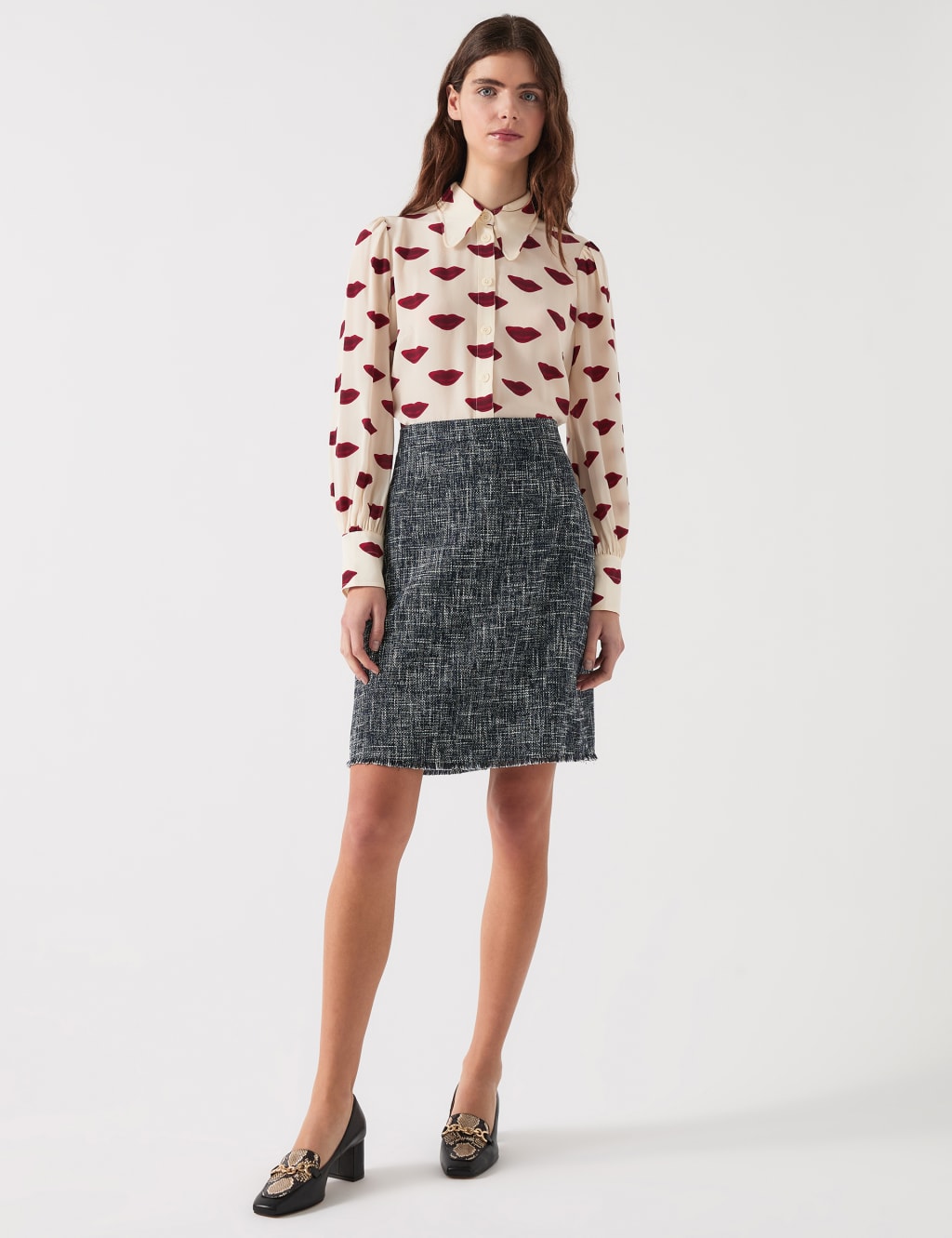 Cotton Blend Tweed Mini Pencil Skirt