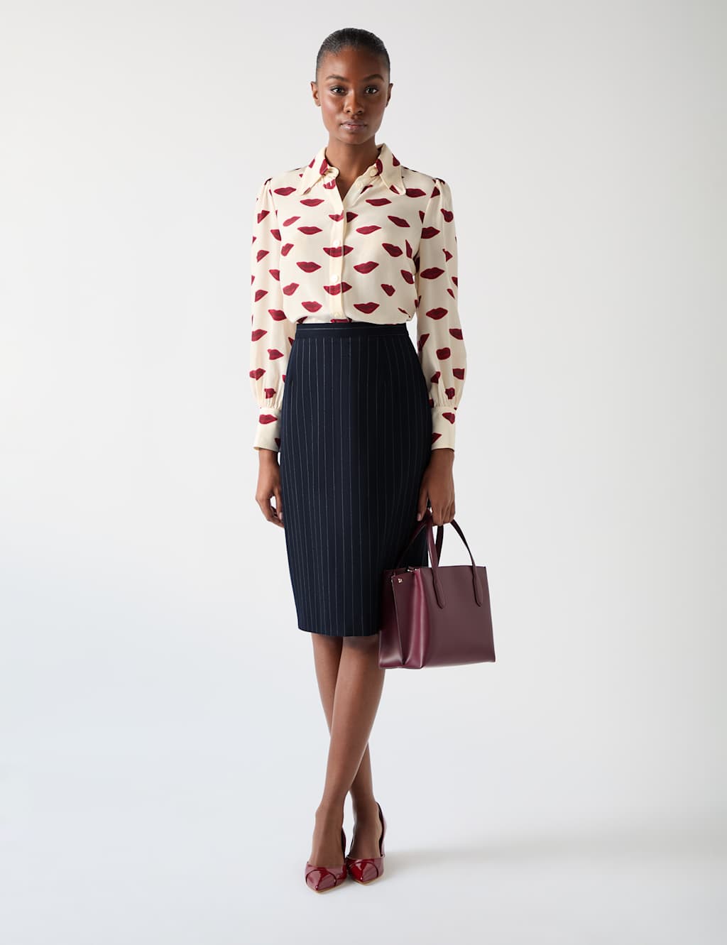 Wool Blend Pinstripe Pencil Skirt