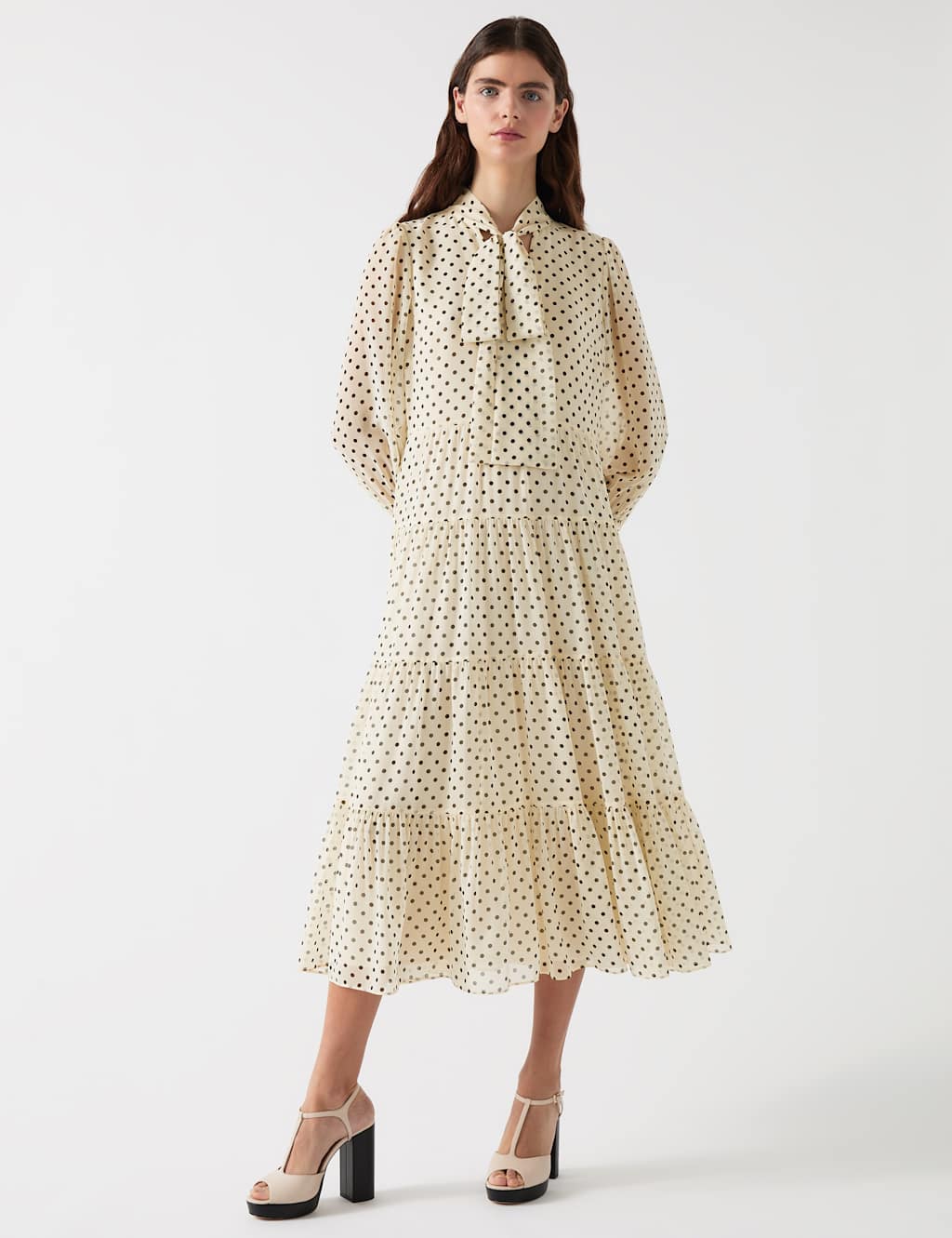 Polka Dot Tie Neck Midi Tiered Dress