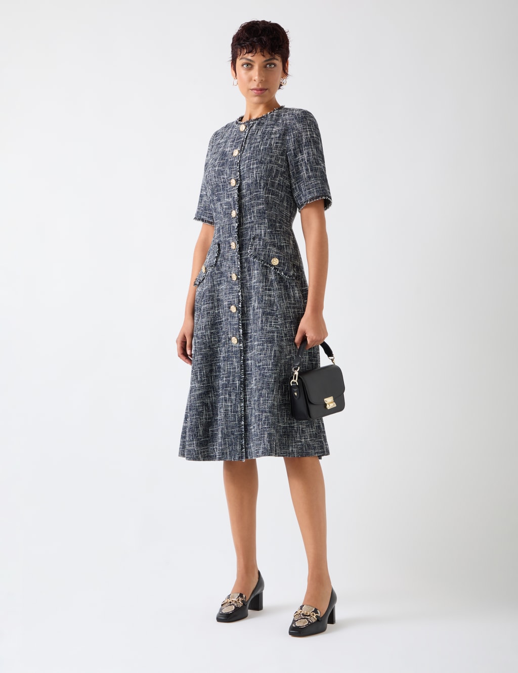 Textured Button Through Midi Skater Dress