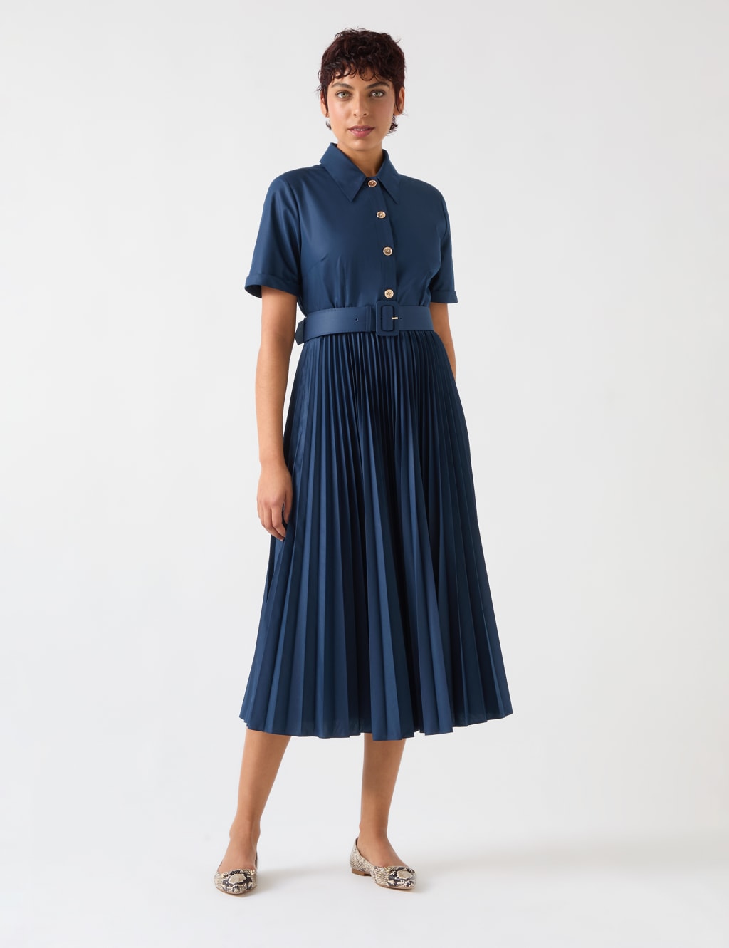 Lk Bennett Women's Collared Belted Pleated Midi Shirt Dress - 14 - Navy, Navy