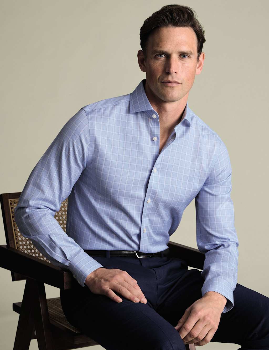 Charles Tyrwhitt Non Iron Pure Cotton Twill Check Shirt Blue Mix