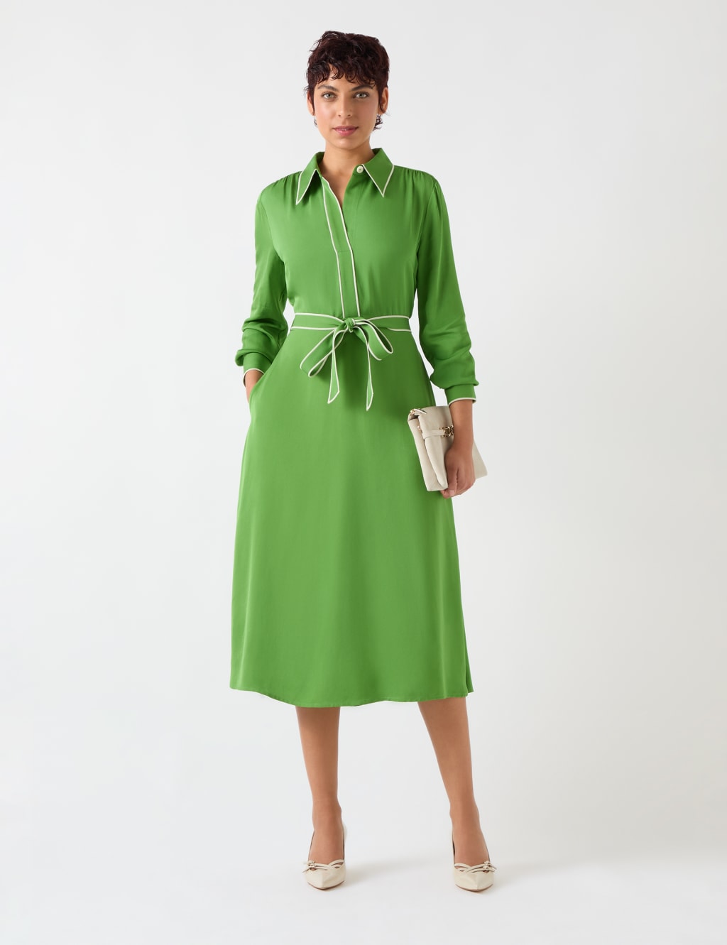 Lk Bennett Women's Stitch Detail Belted Midi Shirt Dress - 10PET - Green, Green