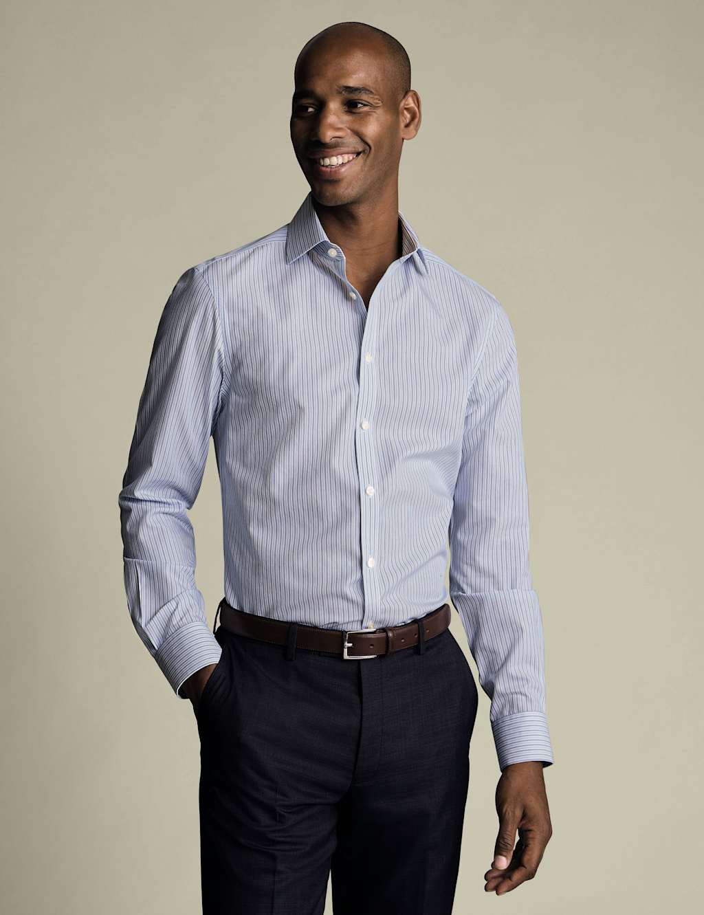 Charles Tyrwhitt Non Iron Regular Fit Striped Pure Cotton Shirt Blue Mix
