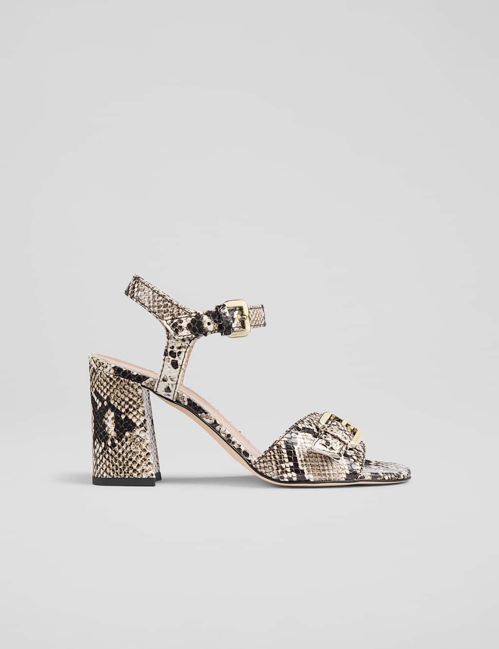 Leather Snake Print Block Heel Sandals