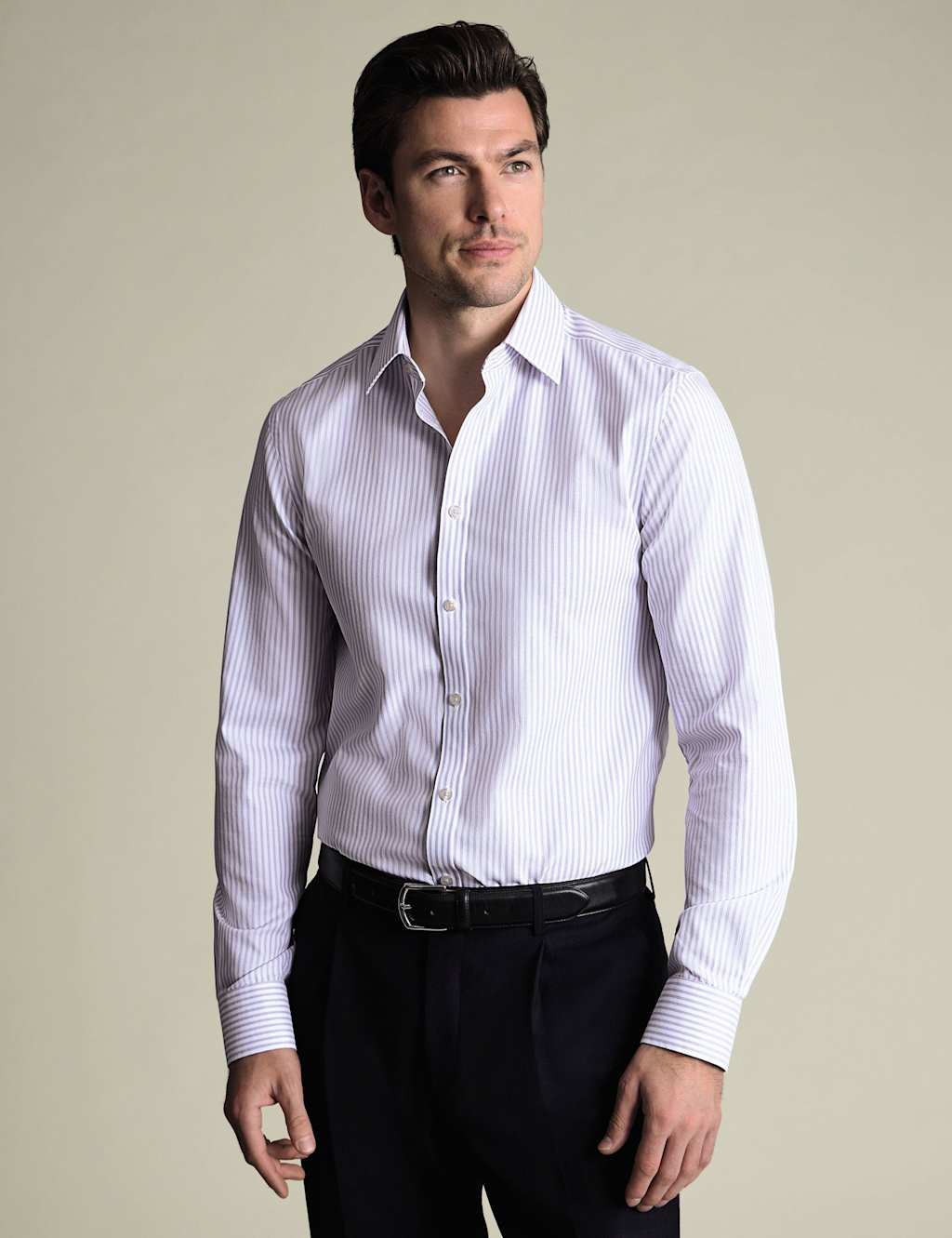 Charles Tyrwhitt Non Iron Regular Fit Pure Cotton Striped Shirt Purple Mix