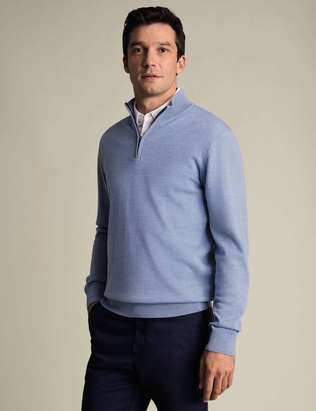 Charles Tyrwhitt Pure Wool Half Zip Jumper Light Blue