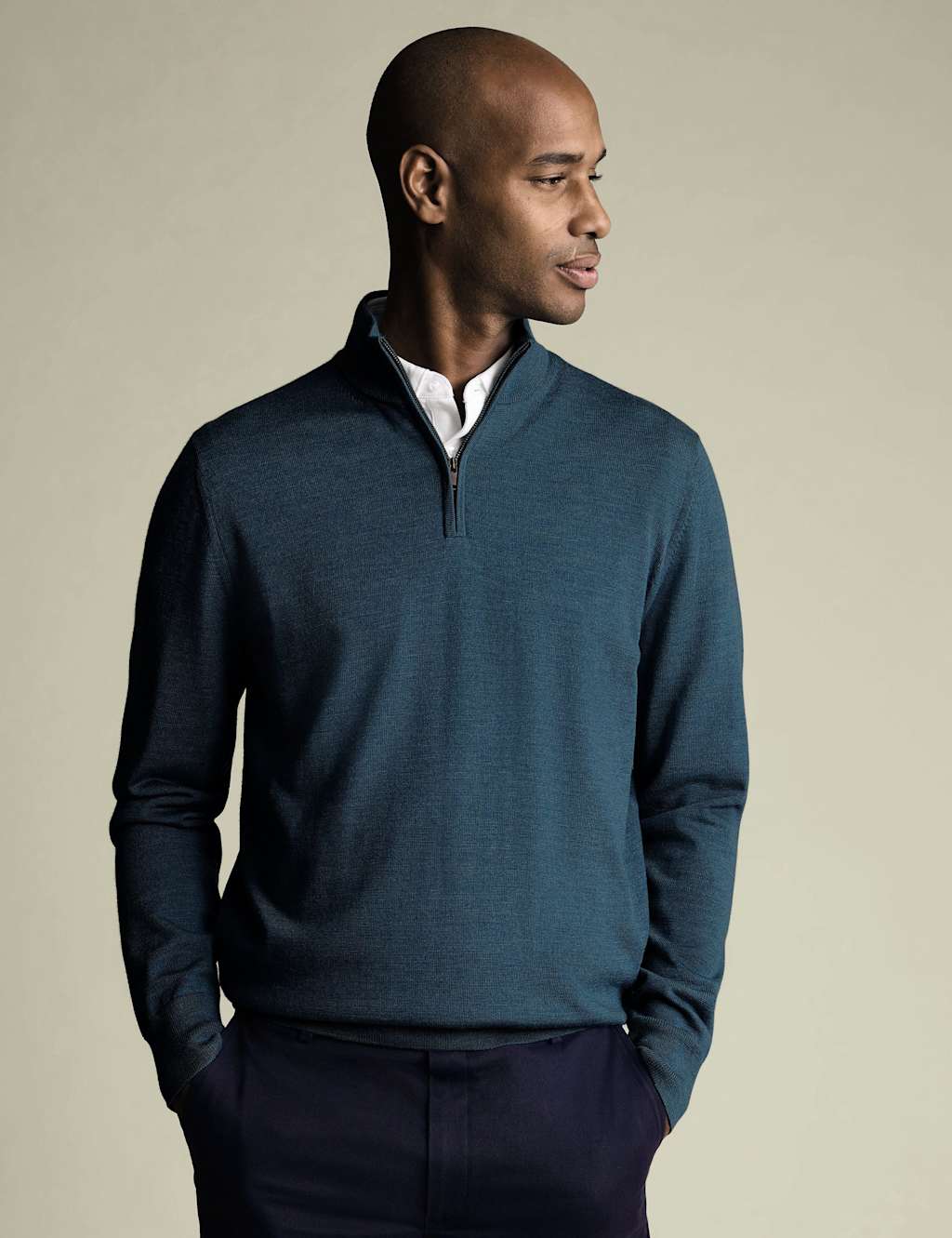 Charles Tyrwhitt Pure Wool Half Zip Jumper Dark Green