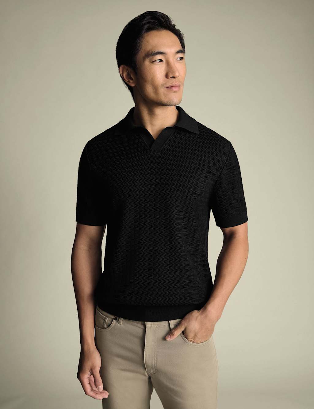 Charles Tyrwhitt Pure Cotton Textured Knitted Polo Shirt Black