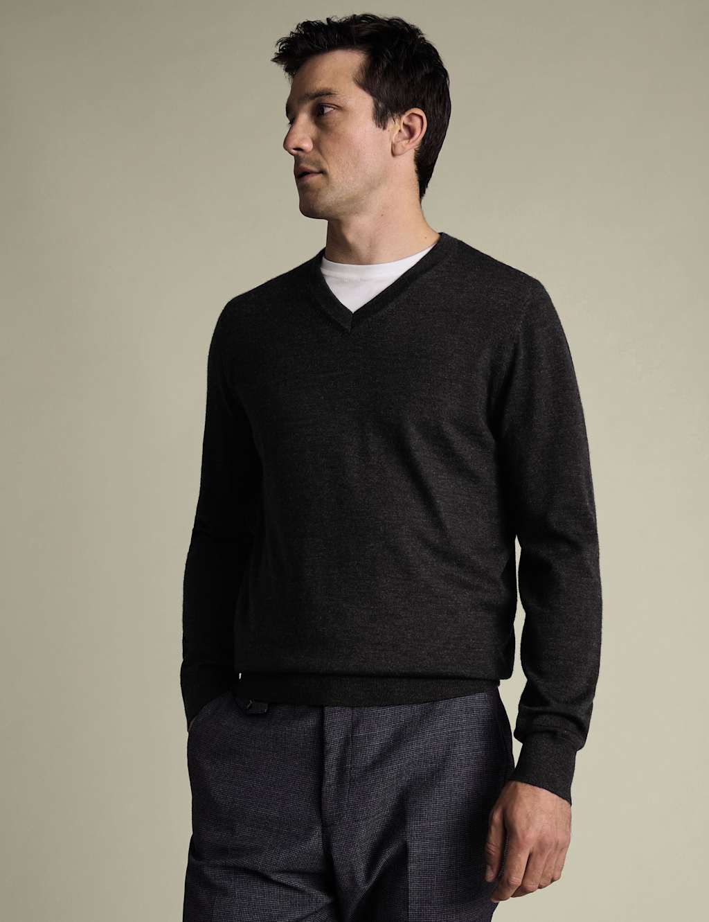 Charles Tyrwhitt Pure Wool V-Neck Jumper Charcoal