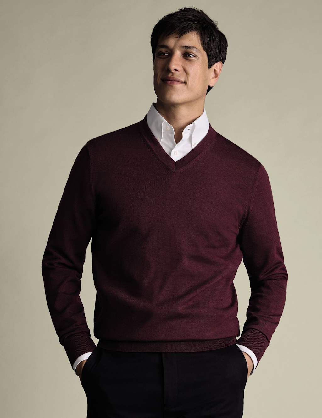 Charles Tyrwhitt Pure Wool V-Neck Jumper Burgundy