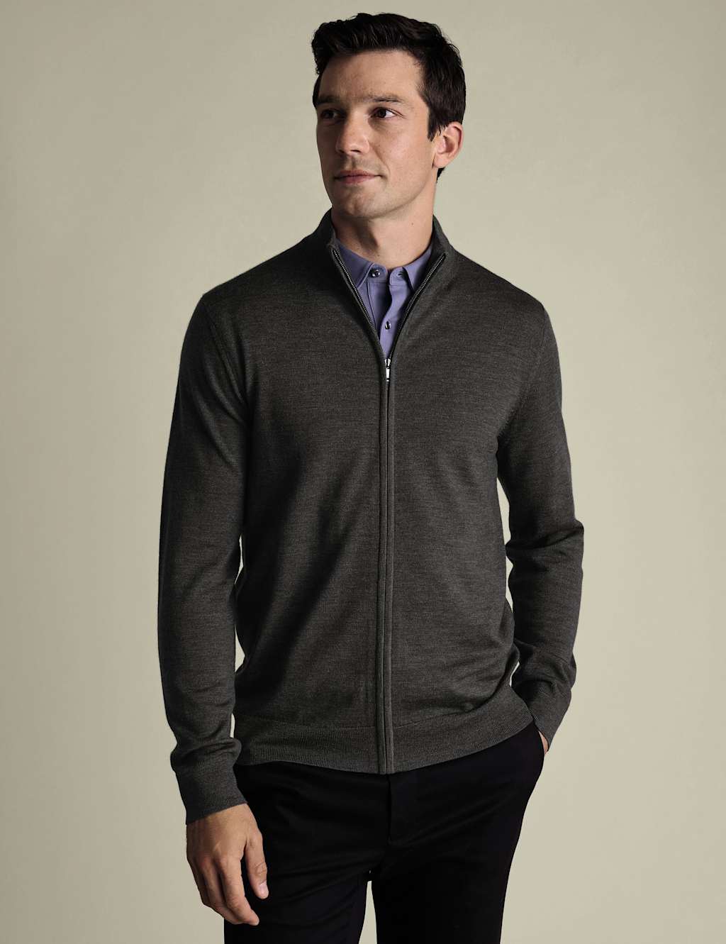 Charles Tyrwhitt Pure Wool Funnel Neck Zip Up Jumper Grey