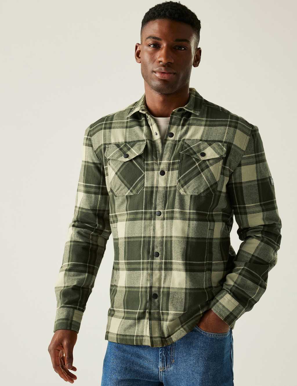 Regatta Spennith Pure Cotton Checked Shacket Dark Khaki
