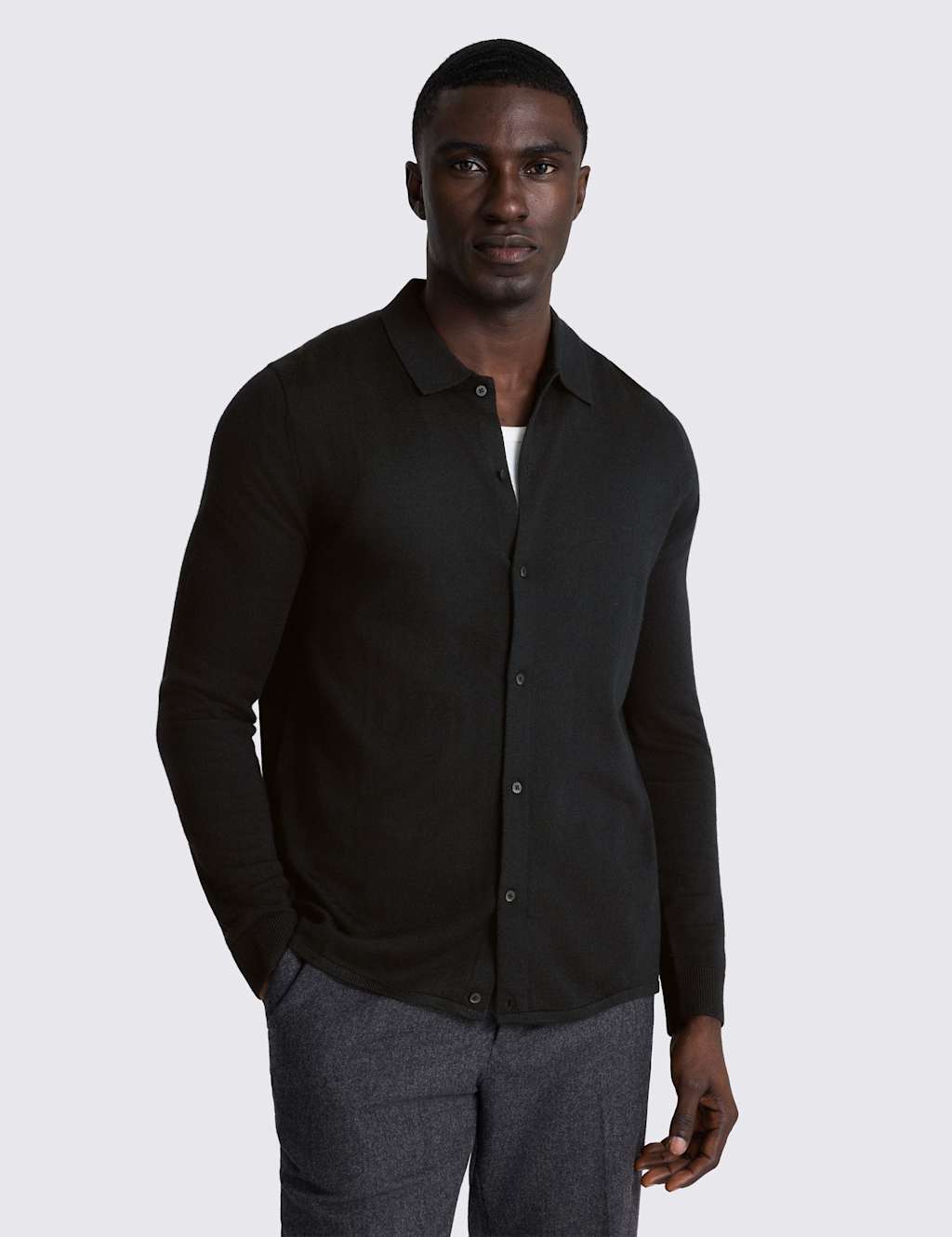 Moss Men's Merino Wool Rich Knitted Shirt - XL - Black - Available at M&S