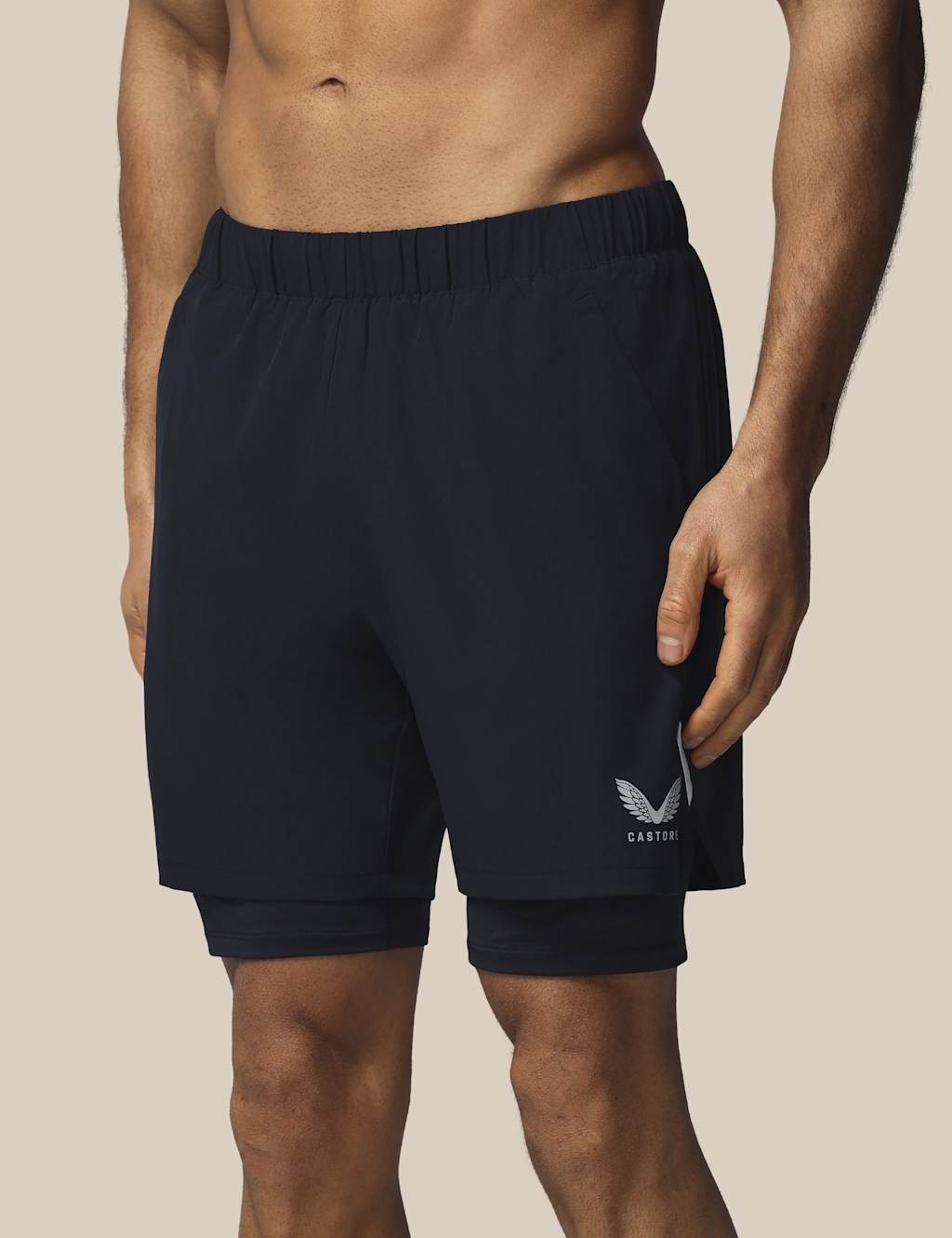 Castore Men's Stretch Two Layer Zip Pocket Sports Shorts - M - Dark Navy - Available at M&S
