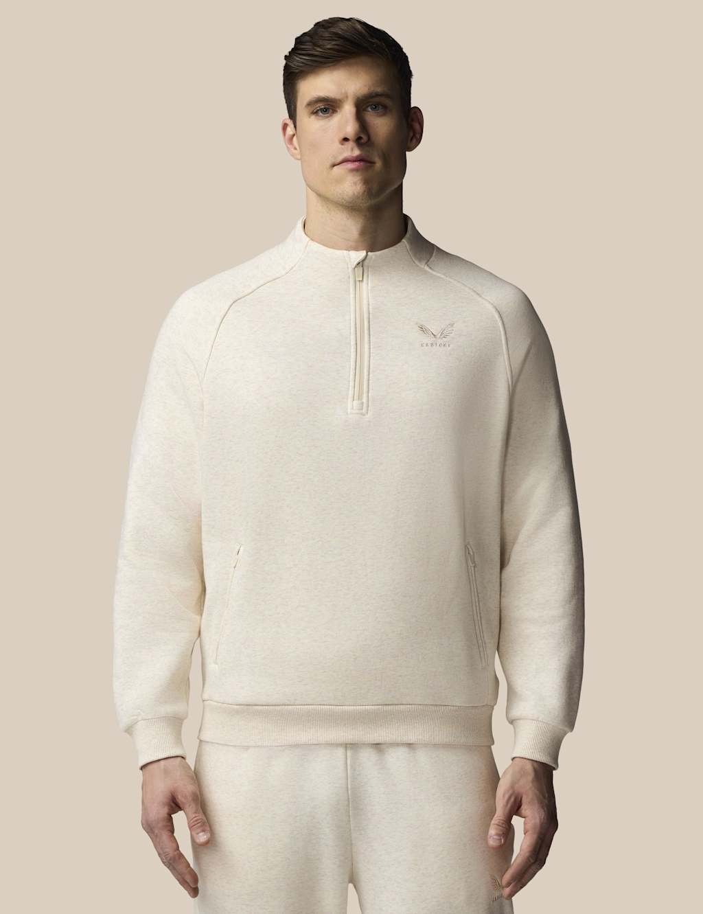Castore Men's Cotton Rich Fleece Half Zip Sports T-Shirt - L - Oatmeal - Available at M&S