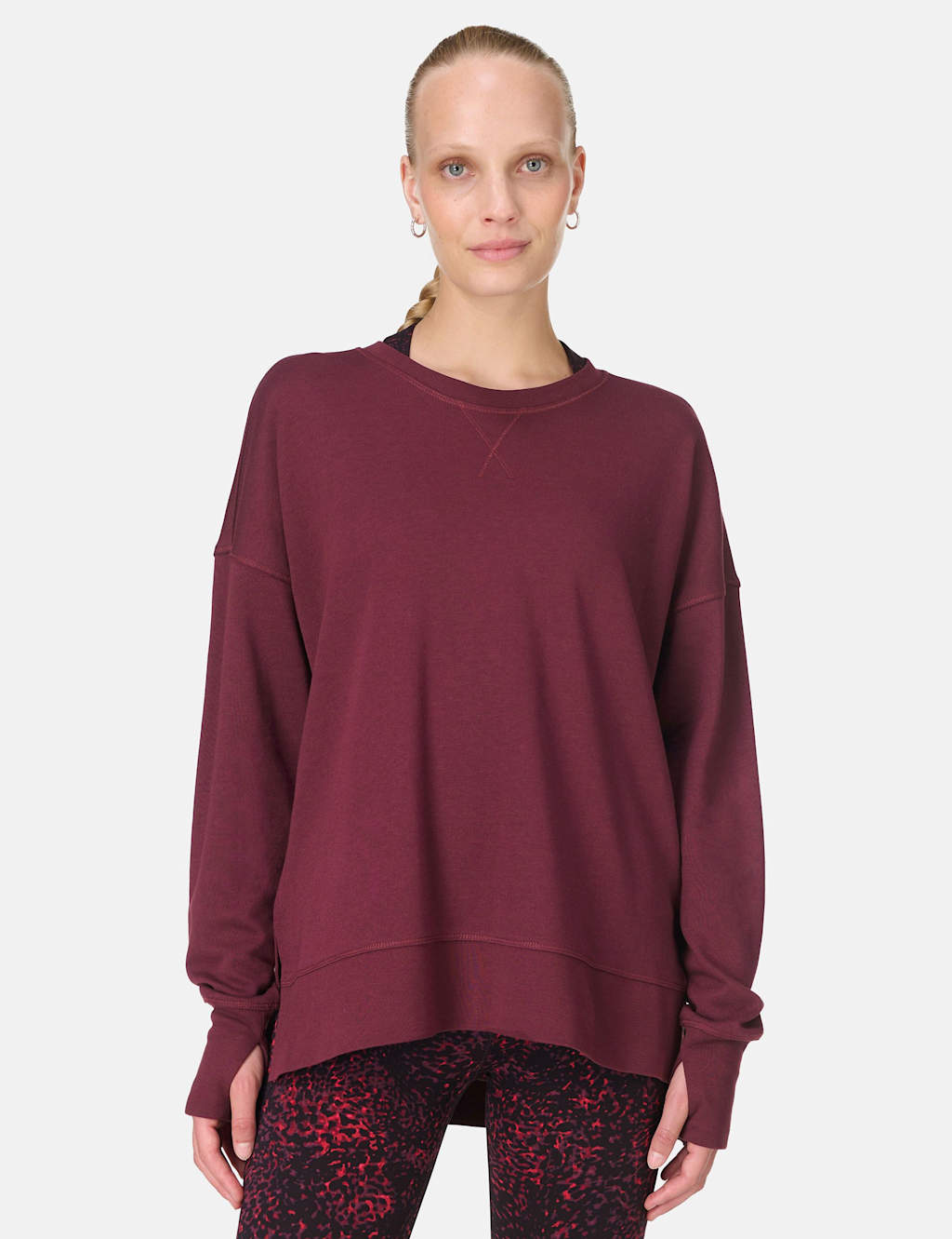 Sweaty Betty After Class Cotton Modal Longline Sweatshirt Burgundy