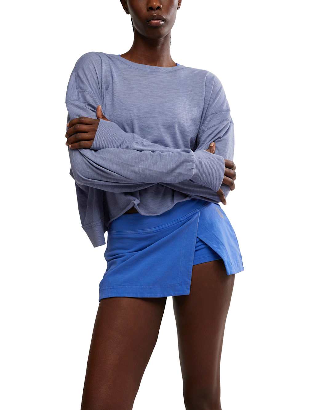 FP Movement My Time Cotton Rich Crew Neck Open Back Top Blue Denim