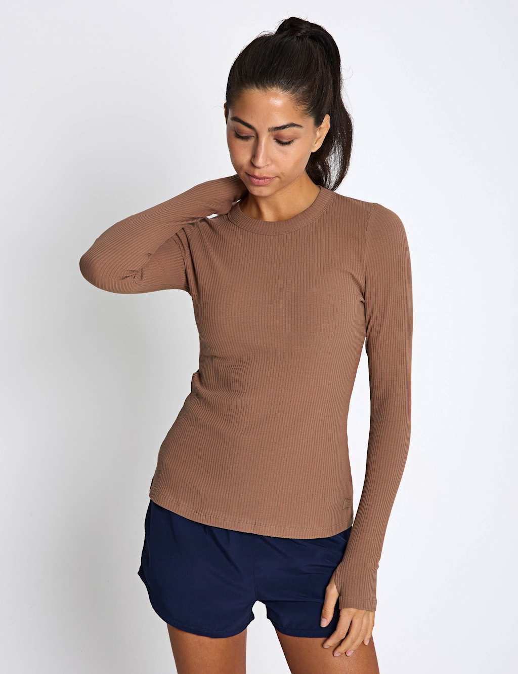Lilybod Women's Fiona Cotton Rich Ribbed Crew Neck Top - Medium - Medium Brown