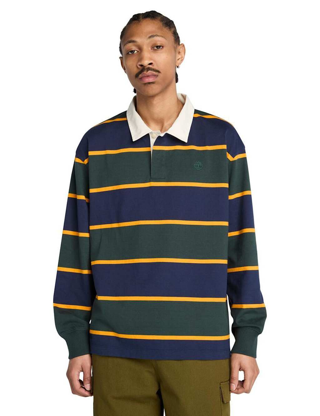 Timberland Pure Cotton Striped Long Sleeve Rugby Shirt Green Mix
