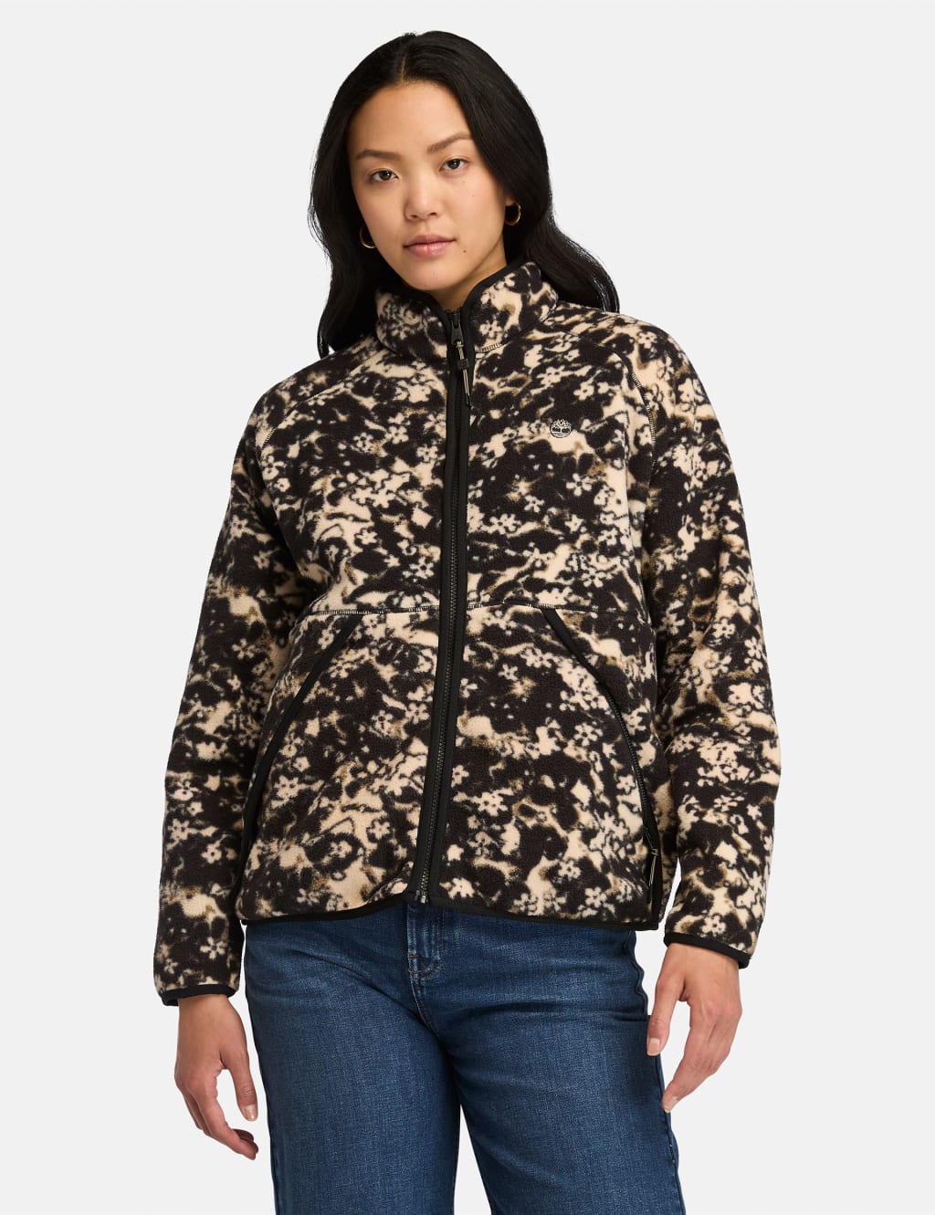 Floral Printed Funnel Neck Fleece Jacket